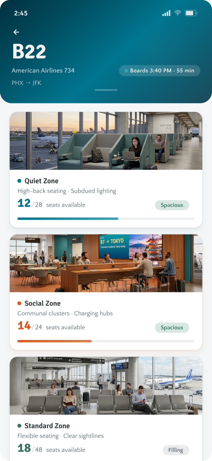 Gate B22 overview with a photo card per zone showing live seat counts and Spacious or Filling labels